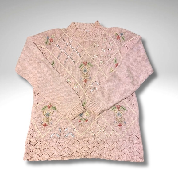 Laura Gayle Sweaters - VTG Ribbon Knit Embroidered Sweater | Cottagecore Pink Floral | Laura Gayle M